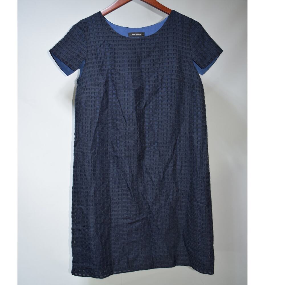 Cop.Copine Kuki Navy Blue Textured Grid Short Sleeve Shift Dress
